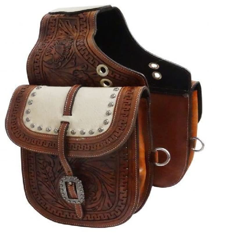 HUMAYL SADDLERY Horse Saddle Bag Western Cowhide Genuine Leather Equestrian Trail Tooling Carving Tooled Carved Pack Equipment Horse Saddle Bags Size: 10” L x 10” W x 3 ½” D inches, BAG42