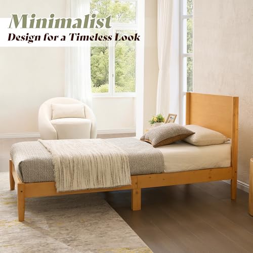 Image of AMERLIFE Solid Wood Twin Bed Frame, Mid Century Bed with Headboard, Natural | Platform Bed with Full Panel Headboard, Noise-Free & Cylindrical Legs, No Box Spring Needed, Under-Bed Storage