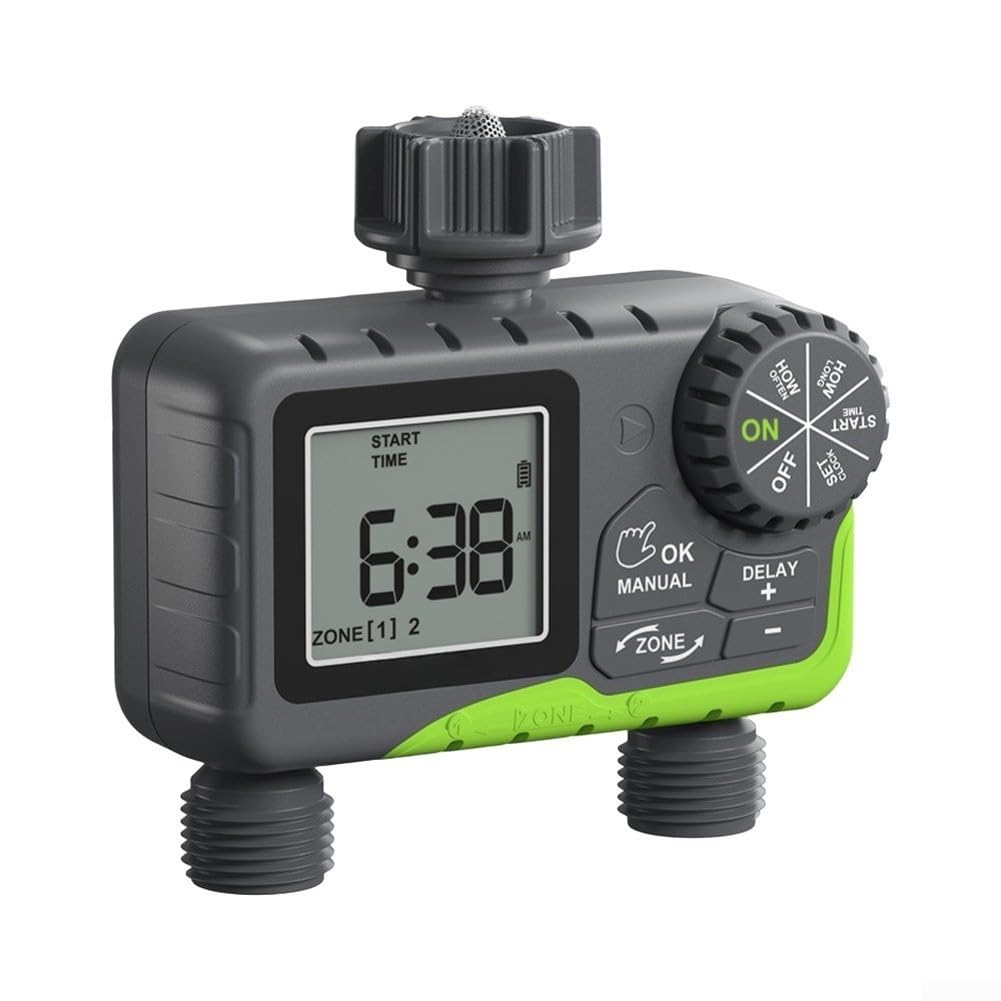 Timer automatico dell'acqua a 2 zone, regolatore con ritardo di pioggia, per sistemi di irrigazione da giardino del Regno Unito, display LCD digitale (B)
