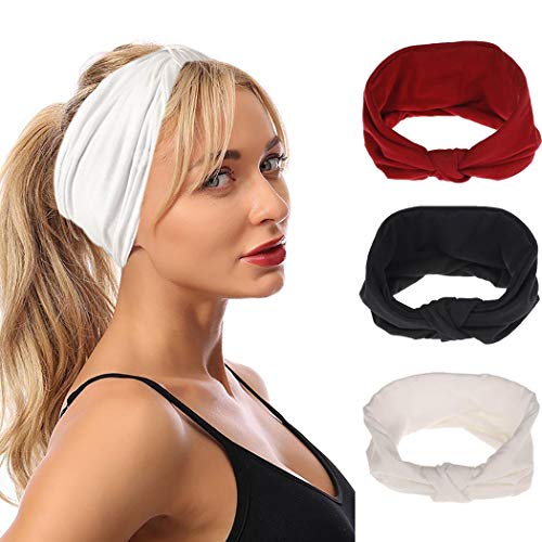 Urieo Yoga African Headbands Black Elastic Knot Hand Bands Running Wide Head Wraps for Women and Girls (Pack of 3)