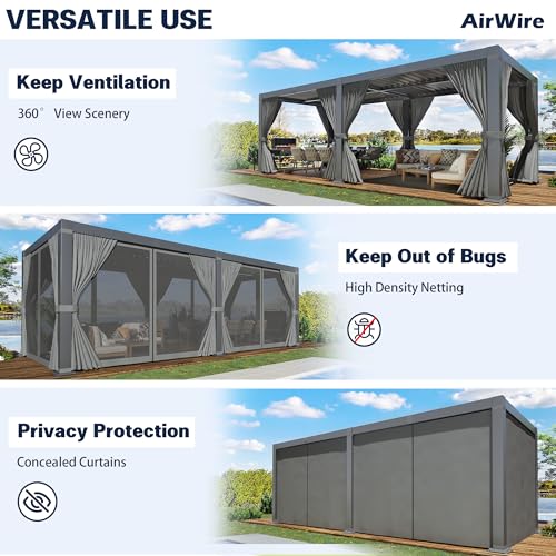 Airwire Pergola 10x20 Ft Louvered Pergola Aluminum Outdoor Pergolas W/Adjustable Roof, Waterproof Curtains and Nets Outdoor Gazebo for Deck,Patio,Backyard and Garden - Image 4