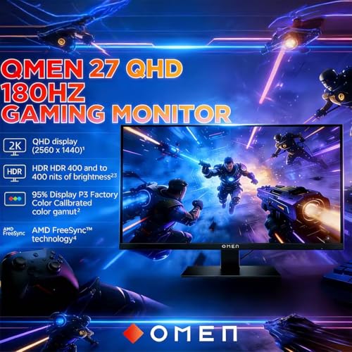 Image of HP OMEN 27 Inch QHD (2560 x 1440) Gaming Monitor, 180Hz Refresh Rate, 1ms Response Time, AMD FreeSync, IPS Eye Comfort Display, Eye Comfort Display, Low Blue Light, OMEN 27q G2