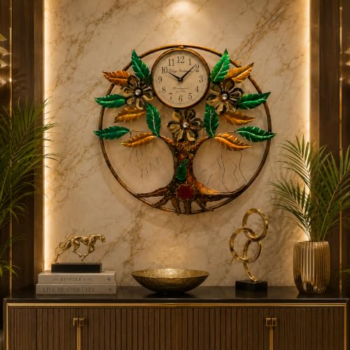 Image of STREET CRAFT - Decorative Tree of Life Wall Clock Iron Metal Multicolor Handpainted Floral Leaf Wall Art for Living Room Bedroom Home Decor (25 x 25 Inch)