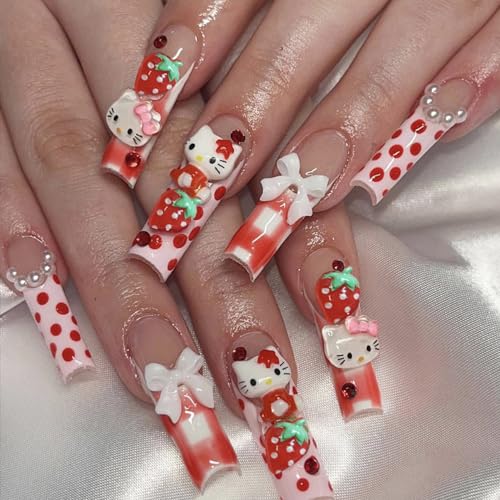 French Tips Press on Nails Long Coffin - 24 Pcs Cute Fake Nails With Charms, Acrylic Glue on French Bow False Full Cover Stick on for Women and Girls Manicure Decorations
