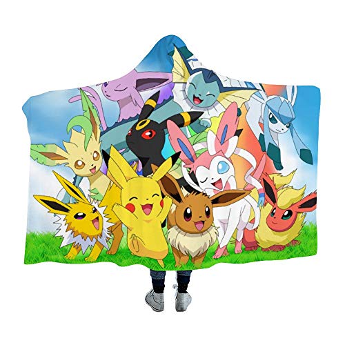 MEW Anime Hooded Blanket for Poke-mon Fans,Pikachu Eeveelution,Arctic Velvet Wearable Super Soft Warm Throw Blanket,for Winter Sofa School Home Travel Picnic Carrying, Kids, 39x51 inch
