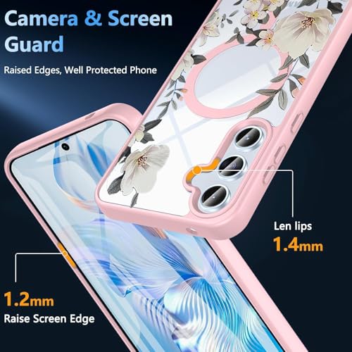 Image of VONZEE Compatible with Samsung Galaxy S25 FE 5G Case Luxury Retro Flowers Floral Clear for Magnetic Wireless Charging Case Shockproof PC+TPU Cute Glossy Shiny Cover for Girls Women, Pink