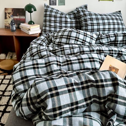 Image of EAVD Vintage Light Blue Grey Buffalo Plaid Duvet Cover Twin XL Soft Washed Cotton Gingham Bedding Set with Grid Checkered Pattern Farmhouse Geometric Duvet Cover with 2 Pillowcases for Boys Men Women