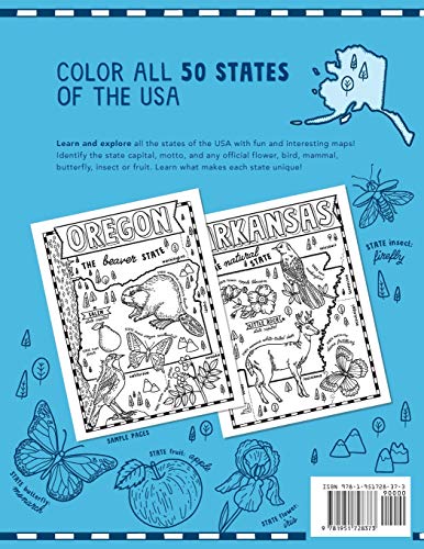 The United States of America Coloring Book: Fifty State Maps with Capitals and Symbols like Motto, Bird, Mammal, Flower, Insect, Butterfly or Fruit (Explore the World Geography Coloring Books) - Image 2