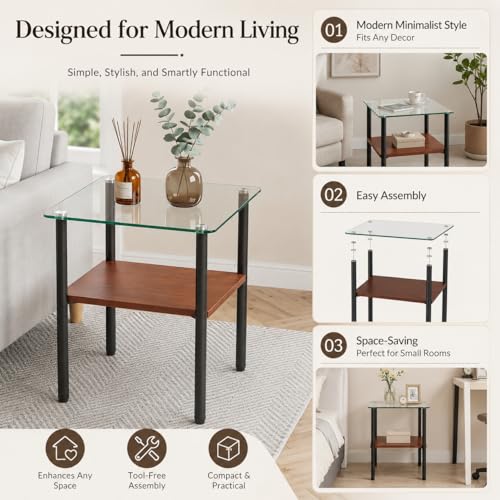 Image of Glass Side Table Set of 2, 16.3'' Small End Table, Square Sofa Side Table with Tempered Glass Top and Metal Legs, Minimalist Accent Table for Living Room, Bedroom, Easy Assembly