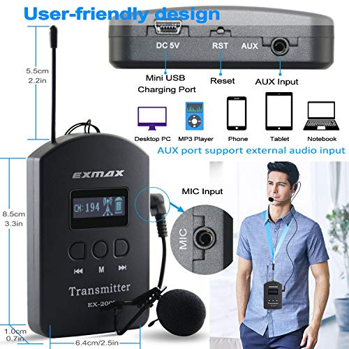 Sistema inalámbrico profesional EXMAX EX-200N para guías turísticos, transmisor manos libres UHF con 200 canales dedicados y función de silenciamiento de altavoz para capacitación, enseñanza, iglesia y reuniones de personal miniatura 2