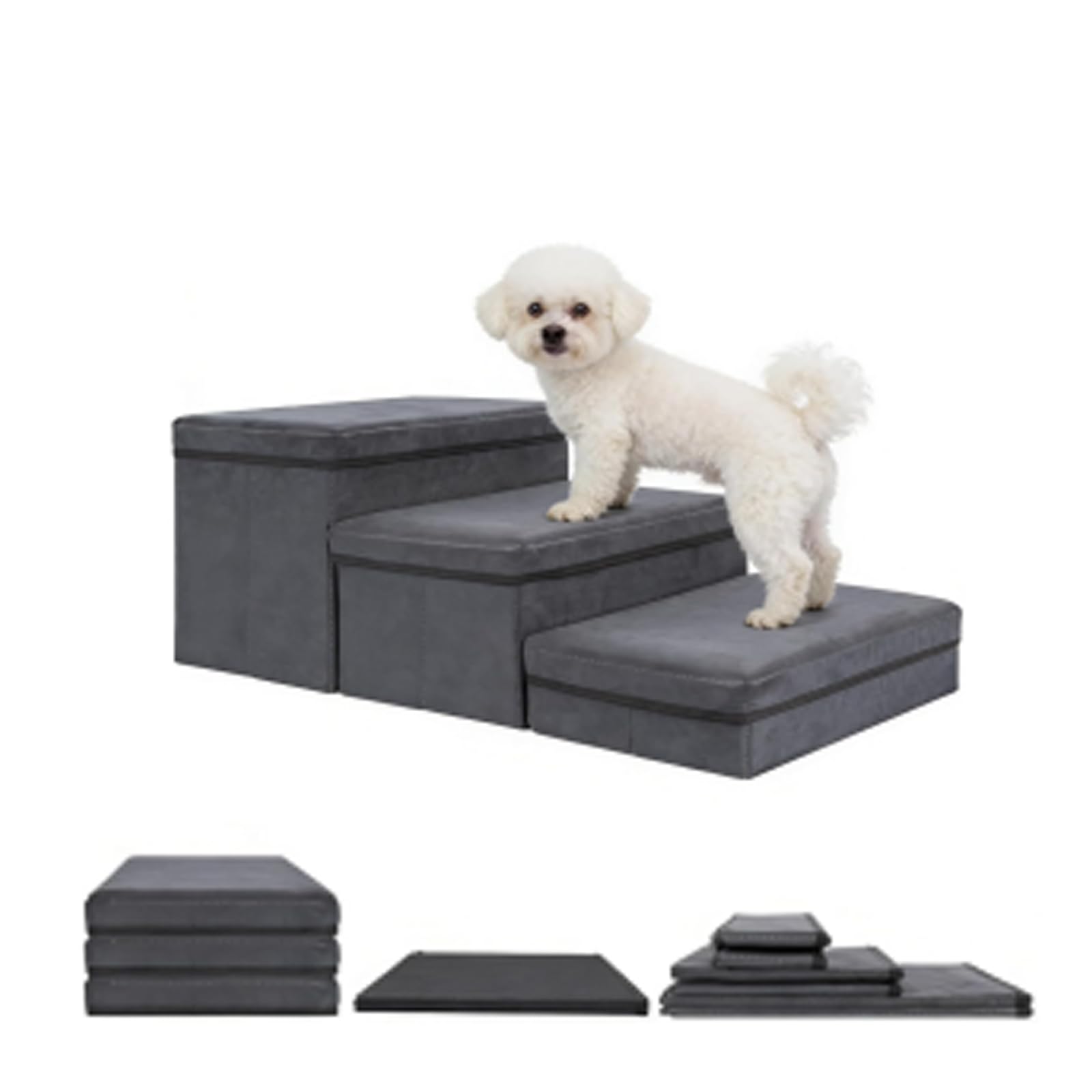 Scaletta per cani con vano portaoggetti, per letti, divani, antiscivolo, per cani di piccola e grande taglia, grigio scuro, scala per gatti anziani (3 piani)