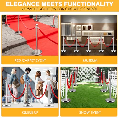 Image of LOVMOR Crowd Control Stanchion, 12Pcs Silver Stanchion Posts Queue with 8pcs 5 ft /1.5 m Red Velvet Rope, Rope Barriers Crowd Control Barriers Queue Line for Hotel Theater Party Supplies