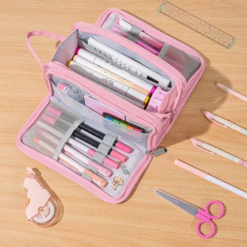 Image of Sooez Large Pencil Case, Big Capacity Pencil Pouch Pen Bag with 3 Compartment, Portable Canvas Stationery Organizer with Zipper, Cute Aesthetic School Supplies for Teen Girls, Celadon