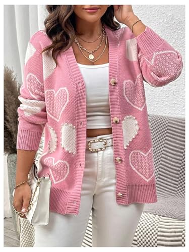 Women's Plus Size Pearl Heart Sweaters Y2K Button Down Long Sleeve Knit Outerwear Cardigan Fall Tops4