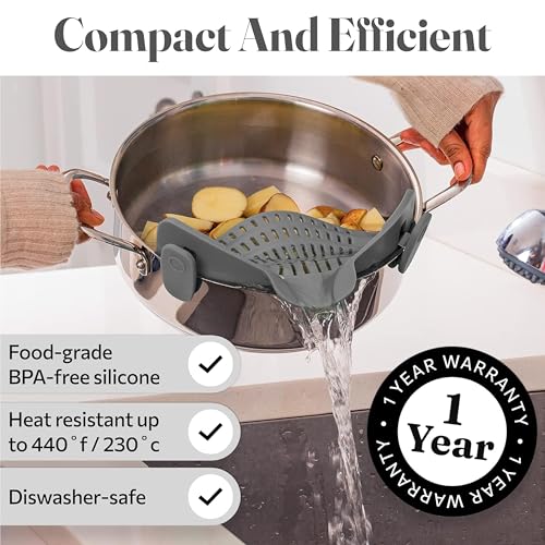 Kitchen Gizmo Snap N' Strain - Silicone Clip-On Strainer for Pots and Pans - Heat Resistant Colander - Space-Saving Kitchen Gadget - Grey