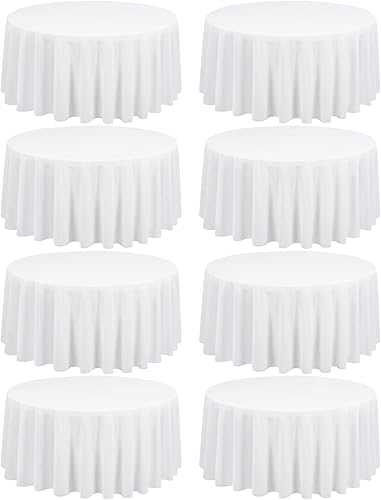 Paquete de 8 manteles redondos blancos de 90 pulgadas círculo de poliéster, tela lavable resistente a las manchas y a las arrugas, cubierta de mesa