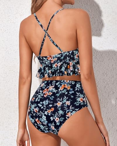 Image of Tempt Me Women High Waisted Ruffle Bikini Set Two Piece Swimsuits Flounce Tummy Control Bathing Suit