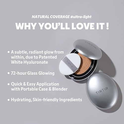 Miniatura 5 de TIRTIR Cojín Aura Glow  Acabado semibrillante, brillo de 72 horas, cobertura construible, piel hidratada, cojín coreano, mini (0.15 onzas),