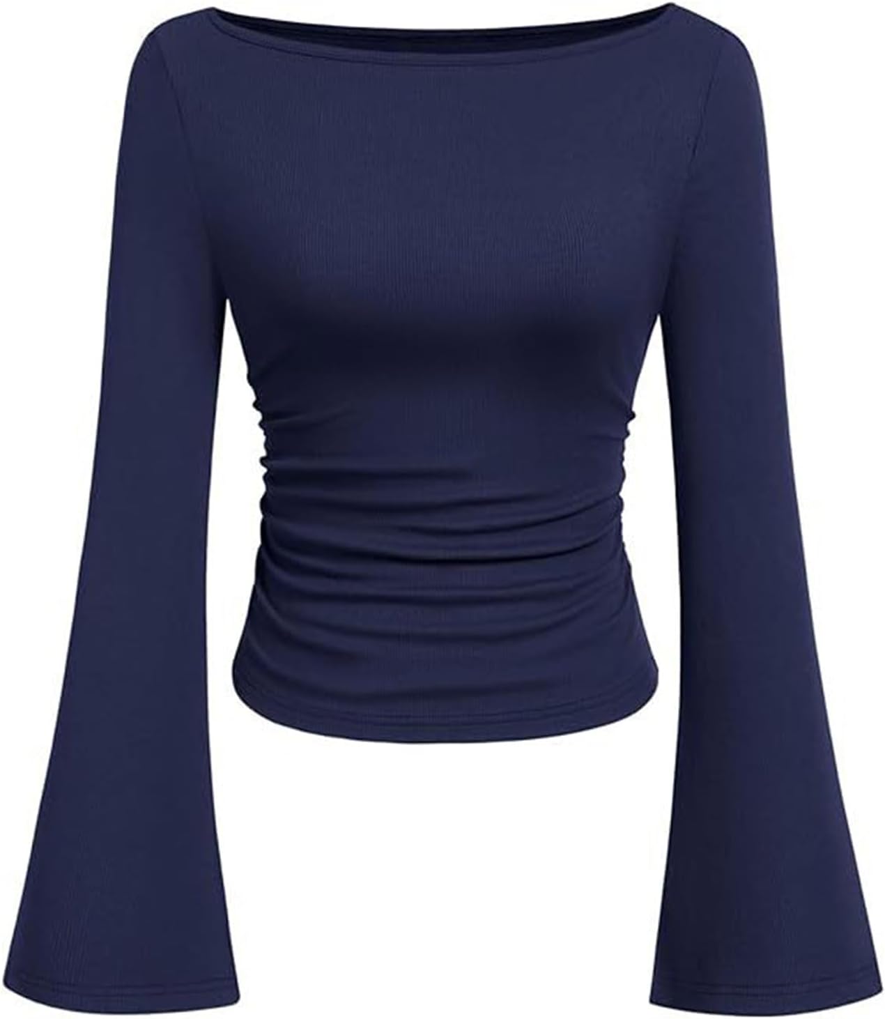 TITOMD Women's Bell Long Sleeve Shirts 2026 Spring Boat Neck Crop Going Out Trendy Tops Ribbed Ruched Y2K Clothes