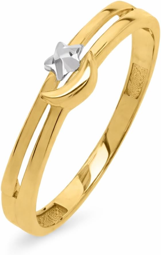 10K Two-Tone Gold Star & Moon Ring for Women & Men – Polished Celestial Design Band | Minimalist Fine Gold Jewelry | Gift for Birthday, Anniversary & Valentine’s Day.