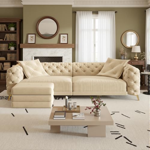 Image of KCGKCG 97.7 inch Sleeper Sofa Bed, Velvet 3-in-1 Pull Out Couch, Convertible Button Tufted Chesterfield Sofa with Movable Ottoman, 3 Seats King Size Couch Bed for Living Room /Bedroom, Apricot