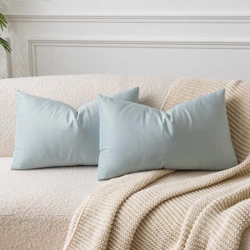 Image of 12x20 Lumbar Throw Pillow Covers Set of 2 for Couch Bed Sofa,Powder Blue | Decorative Soft Velvet Cushion Covers with Invisible Zipper for Living Room Bedroom Home Decor