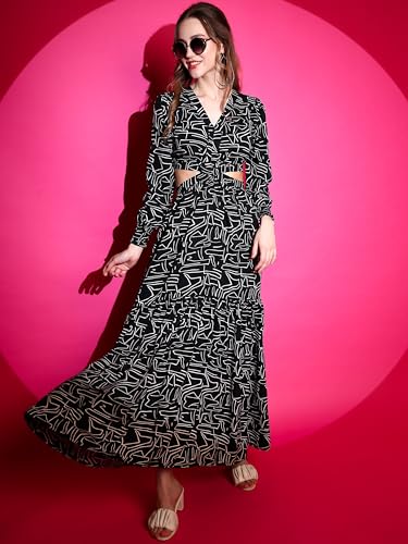 Image of Sheetal Associates Women's Crepe Fit and Flare Printed Full Sleeve V-Neck Casual Dress