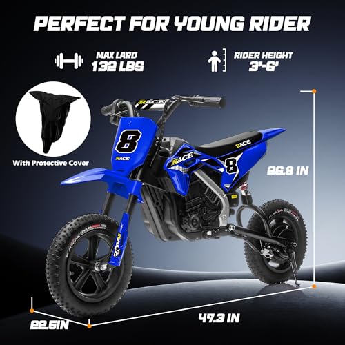Image of 24V 250W Kids Electric Dirt Bike Up to 11 MPH with Cover, Blue | Custom Number Sticker, Twist Grip Throttle, Drum Brake, Metal Suspension, 12'' Inflatable Tire, 120lbs Load, Music&Wireless