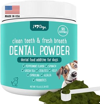 iHeartDogs Clean Teeth & Fresh Breath Dental Powder for Dogs - Targets Tartar & Bad Breath - Natural Herbal Blend with Kelp, Probiotics - Mint, 90 Servings