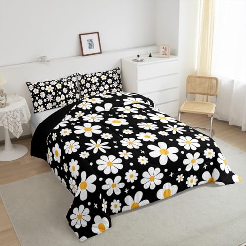 Image of Daisy Flower Bedding Set for Kids Boys Girls Groovy Floral Comforter Set Twin Size Retro Floral Boho Duvet Quilt Bedroom Decor Breathable Soft Lightweight Microfiber Black White 2Pcs