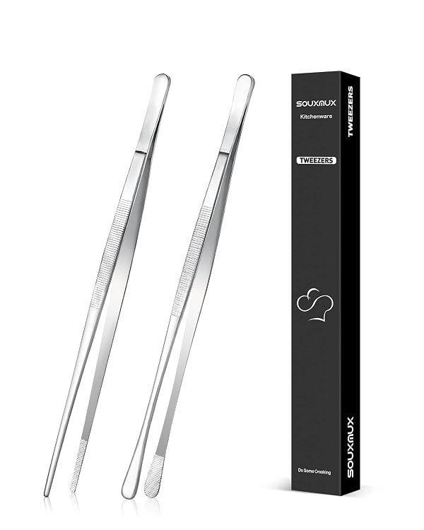 2 Pcs 10-inch Cooking Tweezers Tongs Precision Serrated Tips, Stainless Steel Professional Chef Tweezer Kitchen Tools for BBQ, Plating and Serving (Silver) by SouxMux - Used condition - US$13.57