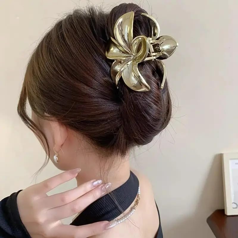 2Pcs Elegant Acrylic Floral Hair Claw Set, Large Flower-Shaped Hair Clips, Solid Color, Minimalist Hair Accessories for Teens and Adults (Gold, Silver & Ivory)