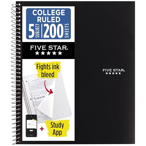 Five Star Spiral Notebook + Study App, 5 Subject, College Ruled Paper, 8-1/2' x 11', 200 Sheets,...