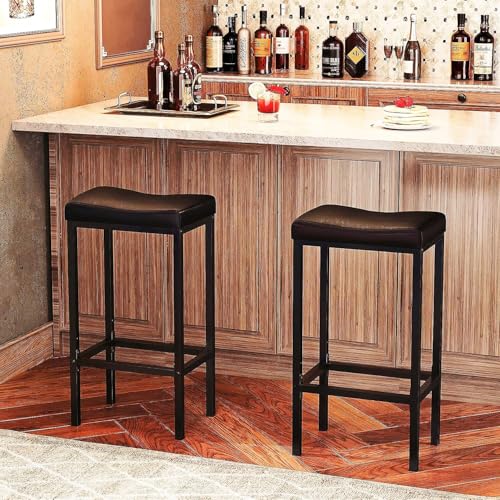 Image of Bar Stools, 25 inch Bar Chair, PU Leather Upholstered Breakfast Stools, Easy, Suitable for Kitchen, Bar, Dining Room, Black (1-Stool)