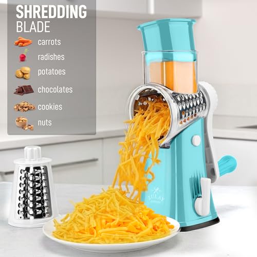 Image of Zulay Kitchen Rotary Cheese Grater 5 Blade Cheese Shredder - Manual Hand Crank Cheese Grater With Reinforced Suction & 5 Interchangeable Drums - Easy to Use, Vegetable Chopper Round Mandoline Slicer