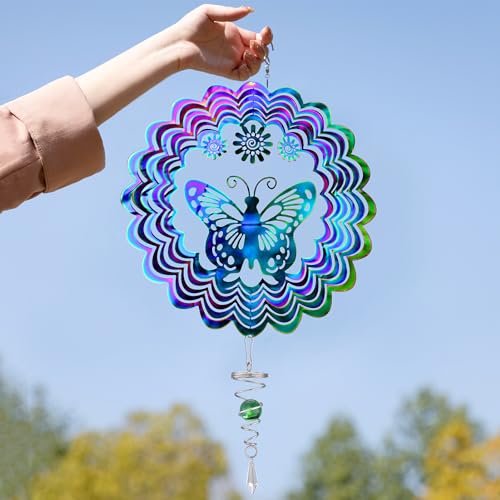 Butterfly Wind Spinner with Tail Spinner- 3D Gradient Color Garden Spinner with Ball Spiral Tail, Kinetic Hanging Wind Catcher Sculptures for Women Gift Indoor Outdoor Window Decor
