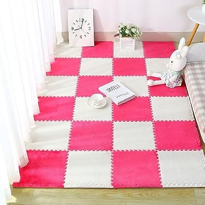 HCZKIUJ Splice Interlocking Carpet 16 Pieces Interlocking Foam Plush Puzzle Rug, Square Foam Floor Rug, Plush Fluffy Patchwork Area Rugs Foam Carpet (Rose Red+White)