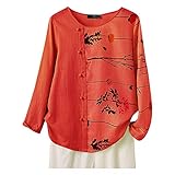 TTJZ T-Shirt Für Damen Reisen Flowers Rundhals Hemder Langärmliges Asymetrisches Hemde Damenen Herbste Schöneen Lauschig Fit 01-Rot 5XL