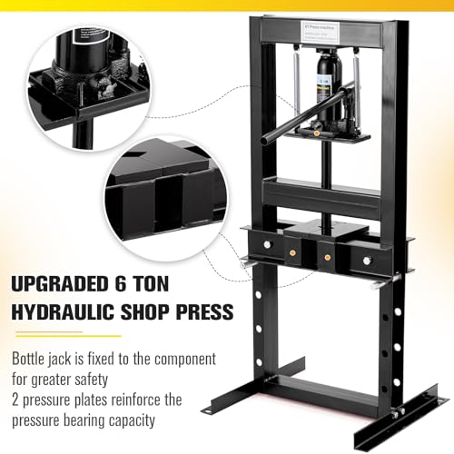6 Ton Hydraulic Press, H-Frame Benchtop Hydraulic Shop Press, Garage Floor Press with 2 Press Plates, Adjustable Working Table Height, for Gears and Bearings, Black