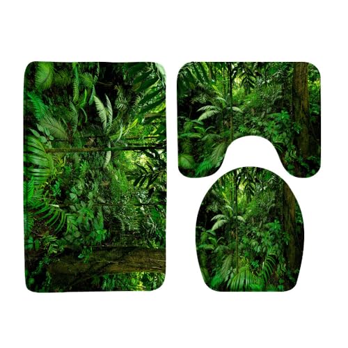 Tropical Rainforest 3 Pcs Bath Rugs Set,Green Palm Leaves Jungle Plnat Nature Landscape Lush Tree Forest Botanical Bathroom Kitchen Rug with 16