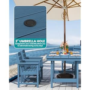 SERWALL 7-Piece Patio Dining Table Sets, Outdoor HDPE Dining Furniture Set with Umbrella Hole Cut-Out Table and 6 Chairs, Blue SERWALL 7 Piece Patio Dining Table Sets Outdoor HDPE Dining Furniture Set with Umbrella Hole Cut Out Table and 6 Chairs Blue