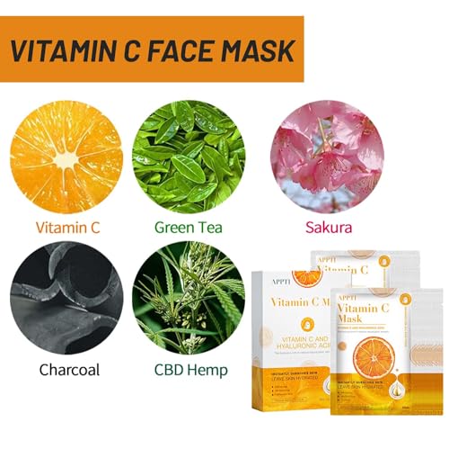 Sheet Mask, Vitamin C Face Masks, 10Pcs Face Masks Skincare, Hydrating Face Mask with Hyaluronic Acid, Face Masks Beauty, Anti-aging Face Mask Set, Anti Dark Spots Sheet Masks for All Skin. - Image 3