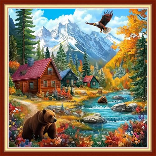Image of Joyhoor Cross Stitch Kits for Beginners Stamped Cross-Stitch Supplies Needlework preprint Embroidery Kits for Adults DIY Needlepoint Kits Embroidery Patterns 11CT-Beautiful Home 18x18 inchs