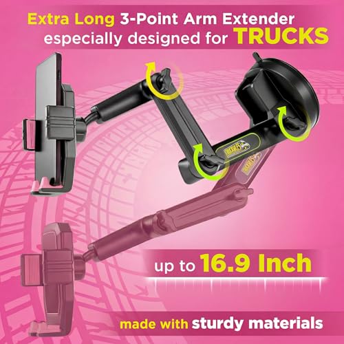 Image of Cell Phone Mount for Truck Phone Holder for Truck Drivers - Heavy Duty Suction Cup + Dashboard Pad, iPhone Holder for Dashboard Window 16.9 inch Long, for iPhone & Samsung, Semi Trucker Women, Pink