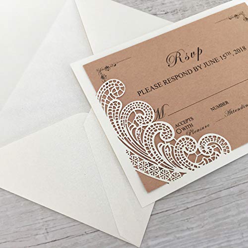Picky Bride 50 Pcs Rustic RSVP Cards with Return Envelopes, Wedding Invitations Response Cards for Wedding, Ivory Pearl Laser Cutting Lace Covers with Blank RSVP Cards - Set of 50 - Thumbnail 6