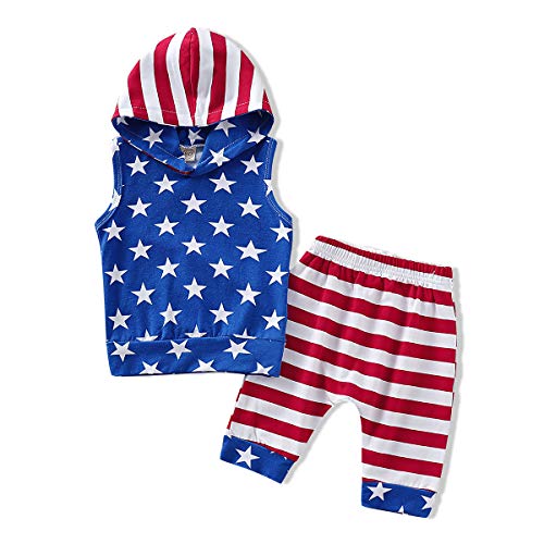 GRNSHTS Baby Boys 4th of July Shorts Set American Flag Star Vest Hoodie + Striped Shorts 2pcs Independence Day Outfits (USA Flag, 0-6 Months)