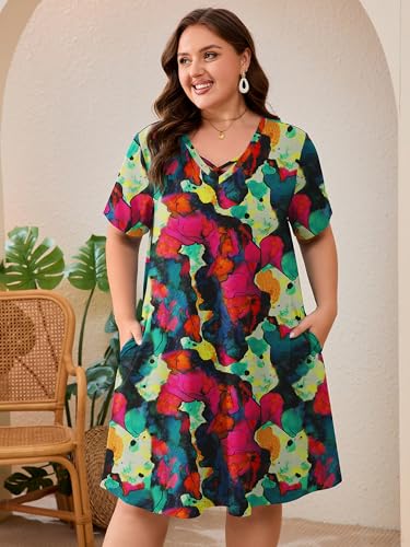 Image of AusLook Plus Size Midi Dress for Women Short Sleeve V Neck Criss Cross A Line Summer Casual Vacation Sundresses with Pockets