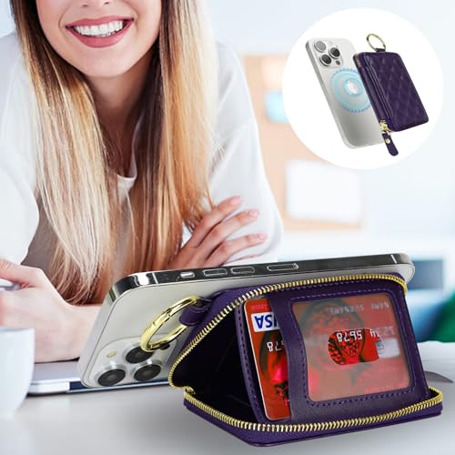 Image of Compatible with MagSafe Wallet,Magnetic Phone Wallet Card Holder for iPhone 17 /16 Pro Max /15 Pro /14 Plus /13 /12 Series,PU Leather Zipper Pocket Adjustable Stand-Purple