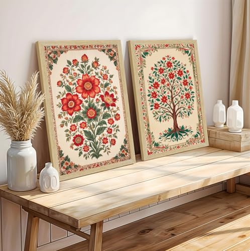 Image of ArtX Paper Floral Art Paintings with Frame for Home Decor, Madhubani Wall Painting for Living Room, Multicolor, Natural Wood Color Frames, Set of 2