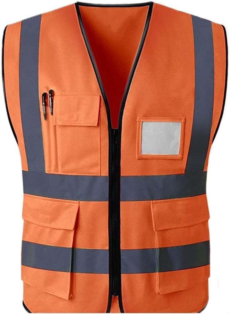 Safety Vest,Reflective Safety Vest, Hi Vis Viz High Visibility Reflective Waistcoats Jacket Workwear Executive Zip 2 Band Security Mobile Phone Pocket ID Holder (Color : Orange, Size : M)
